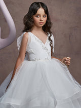 V Neck Lace Sleeveless Floor Length Shoulder Bows Princess Tiered Kids Social Party Dresses-Dbrbridal