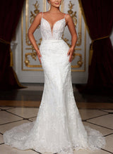 V-Neck Lace Tulle Wedding Dresses Appliques Lace-Dbrbridal