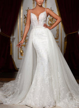 V-Neck Lace Tulle Wedding Dresses Appliques Lace-Dbrbridal