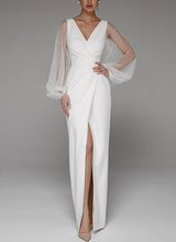 V-Neck Long Sleeve Floor-Length Wedding Dresses-Dbrbridal