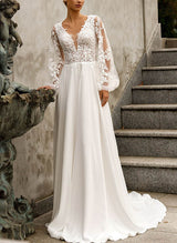 V-Neck Long Sleeve Wedding Dress Chic A-line Silhouette Lace Appliques-Dbrbridal