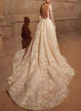 V-Neck Long Sleeves Chic A-line Lace Wedding Dress Split Front Sweep Train-Dbrbridal