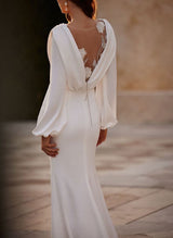 V-Neck Long Sleeves Chiffon Wedding Dress Split Front Sweep Train-Dbrbridal