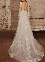V-Neck Long Sleeves Court Train Lace Tulle Wedding Dresses-Dbrbridal
