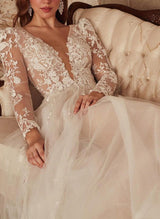 V-Neck Long Sleeves Court Train Lace Tulle Wedding Dresses-Dbrbridal