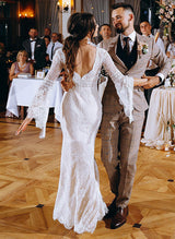 V-Neck Long Sleeves Floor-Length Lace Wedding Dress-Dbrbridal