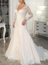 V-Neck Long Sleeves Lace Wedding Dress-Dbrbridal
