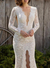 V-Neck Long Sleeves Lace Wedding Dresses High Split-Dbrbridal