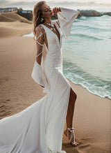V-Neck Long Sleeves Mermaid Fitted Wedding Dresses Sweep Train Detachable Sleeves-Dbrbridal