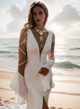 V-Neck Long Sleeves Mermaid Fitted Wedding Dresses Sweep Train Detachable Sleeves-Dbrbridal