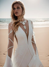 V-Neck Long Sleeves Mermaid Fitted Wedding Dresses Sweep Train Detachable Sleeves-Dbrbridal