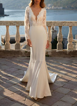 V-Neck Long Sleeves Satin Lace Sweep Train Wedding Dress-Dbrbridal