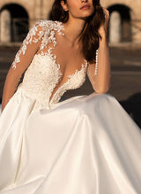 V-Neck Long Sleeves Satin Wedding Dresses Appliques Lace-Dbrbridal