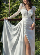 V-Neck Long Sleeves Silk Like Satin Wedding Dresses Lace-Dbrbridal