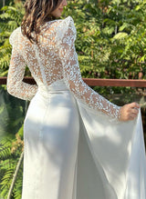 V-Neck Long Sleeves Silk Like Satin Wedding Dresses Lace-Dbrbridal