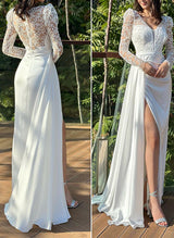 V-Neck Long Sleeves Silk Like Satin Wedding Dresses Lace-Dbrbridal