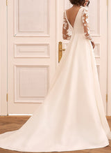 V-Neck Long Sleeves Sweep Train Satin Wedding Dresses Lace-Dbrbridal