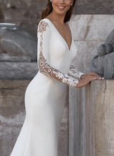 V-Neck Long Sleeves Sweep Train Wedding Dresses-Dbrbridal