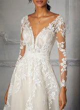 V-Neck Long Sleeves Tulle Lace Chapel Train Wedding Dress Appliques Lace-Dbrbridal