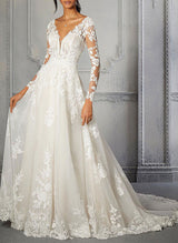 V-Neck Long Sleeves Tulle Lace Chapel Train Wedding Dress Appliques Lace-Dbrbridal