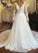 V-Neck Long Sleeves Tulle Wedding Dresses Appliques Lace-Dbrbridal