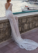 V-Neck Long Sleeves Wedding Dresses Split Front-Dbrbridal