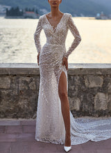 V-Neck Long Sleeves Wedding Dresses Split Front-Dbrbridal