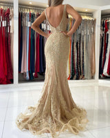 V-Neck Mermaid Evening Dress With Gold Appliques Sleeveless-Dbrbridal