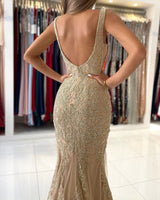 V-Neck Mermaid Evening Dress With Gold Appliques Sleeveless-Dbrbridal