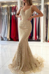 V-Neck Mermaid Evening Dress With Gold Appliques Sleeveless-Dbrbridal