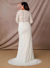 V-Neck Mermaid Fitted Long Sleeves Lace Sweep Train Wedding Dresses Lace-Dbrbridal
