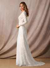 V-Neck Mermaid Fitted Long Sleeves Lace Sweep Train Wedding Dresses Lace-Dbrbridal