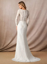 V-Neck Mermaid Fitted Long Sleeves Lace Sweep Train Wedding Dresses Lace-Dbrbridal