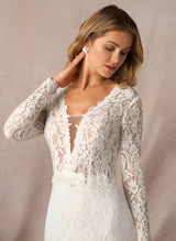 V-Neck Mermaid Fitted Long Sleeves Lace Sweep Train Wedding Dresses Lace-Dbrbridal