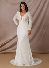 V-Neck Mermaid Fitted Long Sleeves Lace Sweep Train Wedding Dresses Lace-Dbrbridal