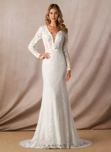 V-Neck Mermaid Fitted Long Sleeves Lace Sweep Train Wedding Dresses Lace-Dbrbridal