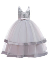V Neck Polyester Cotton Sleeveless Ankle Length Princess Embroidered Kids Party Dresses-Dbrbridal