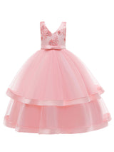 V Neck Polyester Cotton Sleeveless Ankle Length Princess Embroidered Kids Party Dresses-Dbrbridal