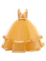 V Neck Polyester Cotton Sleeveless Ankle Length Princess Embroidered Kids Party Dresses-Dbrbridal