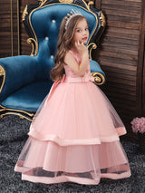 V Neck Polyester Cotton Sleeveless Ankle Length Princess Embroidered Kids Party Dresses-Dbrbridal