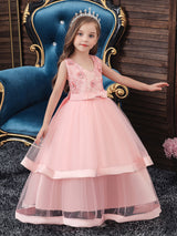 V Neck Polyester Cotton Sleeveless Ankle Length Princess Embroidered Kids Party Dresses-Dbrbridal