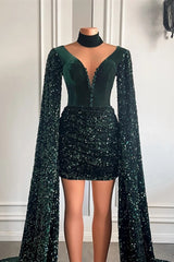 V-Neck Ruffle Long Sleeves Short Prom Dresses in Forest Green-Dbrbridal