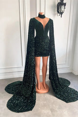 V-Neck Ruffle Long Sleeves Short Prom Dresses in Forest Green-Dbrbridal