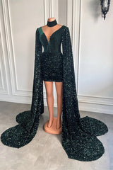 V-Neck Ruffle Long Sleeves Short Prom Dresses in Forest Green-Dbrbridal