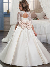 V-Neck Satin Fabric Half Sleeves Floor Length Princess Bows Kids Party Dresses-Dbrbridal