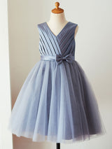 V-Neck Satin Fabric Sleeveless Short Princess Sash Kids Party Dresses-Dbrbridal