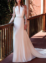 V Neck Satin Lace Court Train Wedding Dresses Lace-Dbrbridal