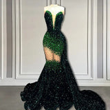 V-Neck Sequins Prom Dress Mermaid Sleeveless Crystal.-Dbrbridal