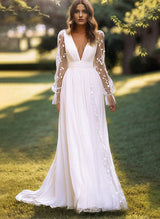 V-Neck Sheer Lace Sleeves Lace Tulle Wedding Dresses Split Front-Dbrbridal