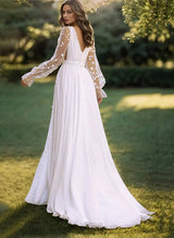 V-Neck Sheer Lace Sleeves Lace Tulle Wedding Dresses Split Front-Dbrbridal